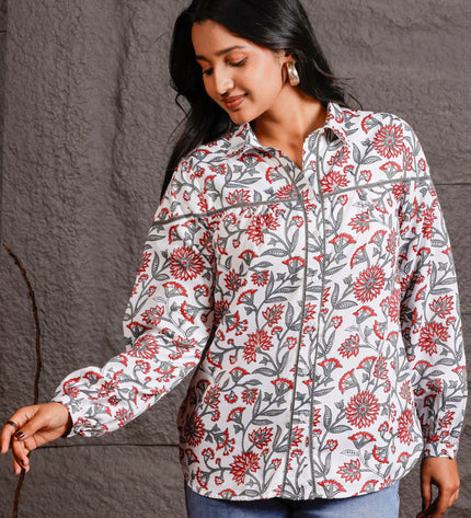White & Red Floral Printed Polycrepe Shirt
