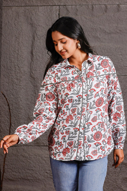 White & Red Floral Printed Polycrepe Shirt